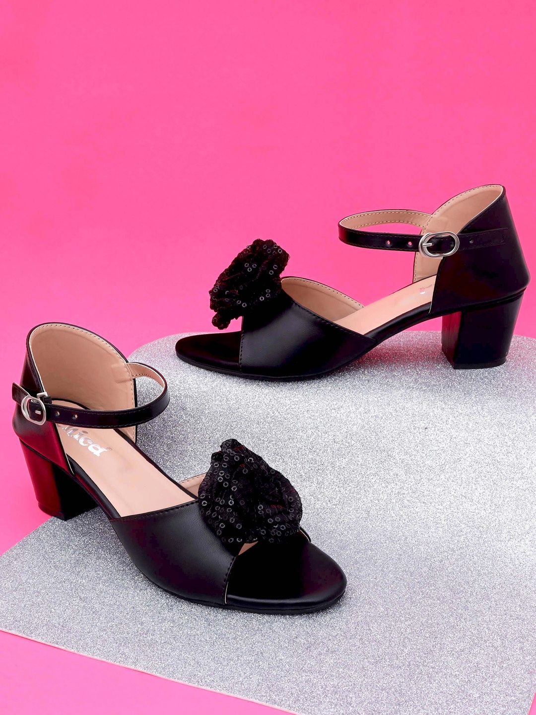 

DChica Girls Floral Embellished Block Heels, Black