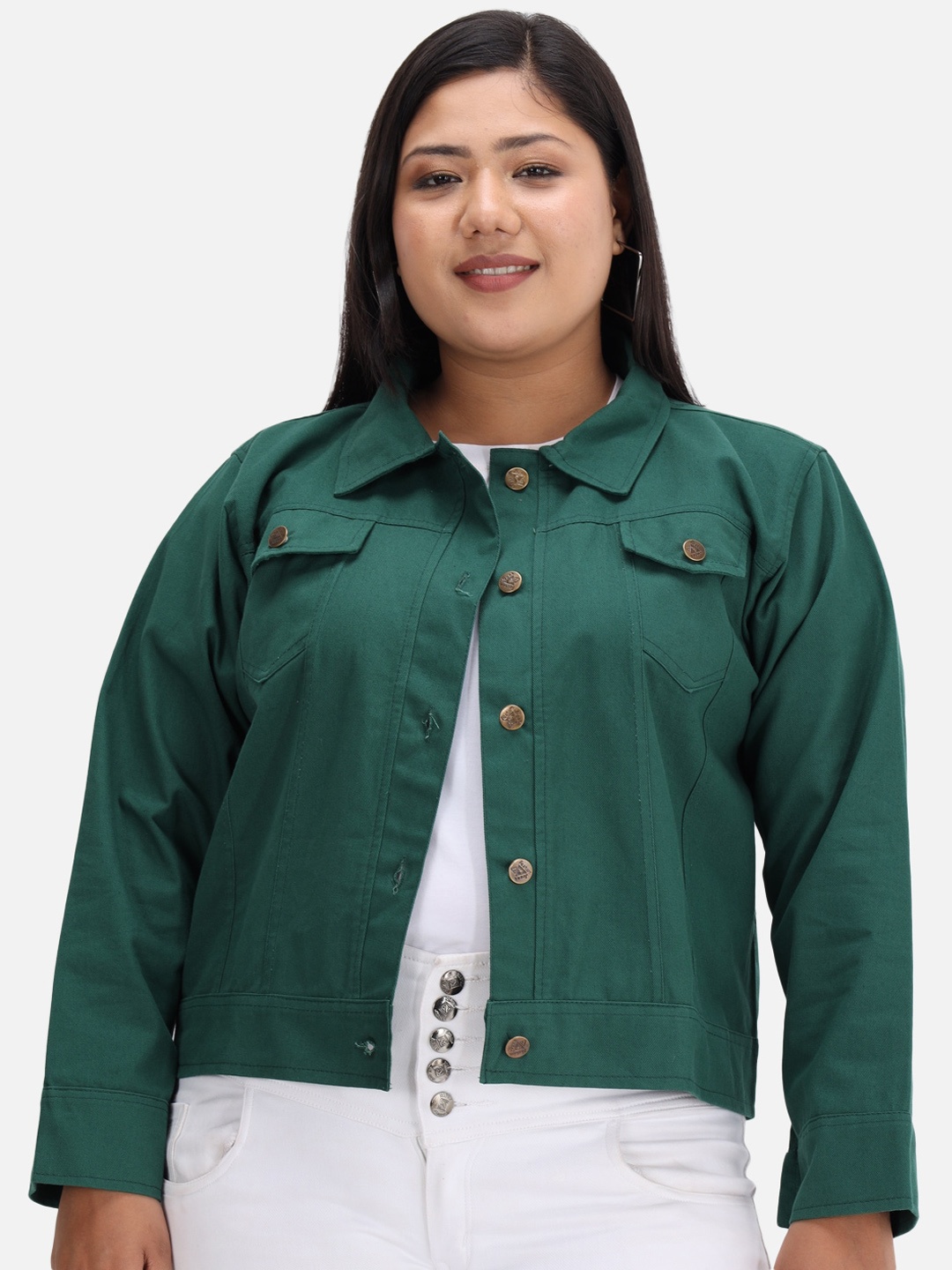 

Funday Fashion Plus Size Organic Cotton Crop Denim Jacket, Teal