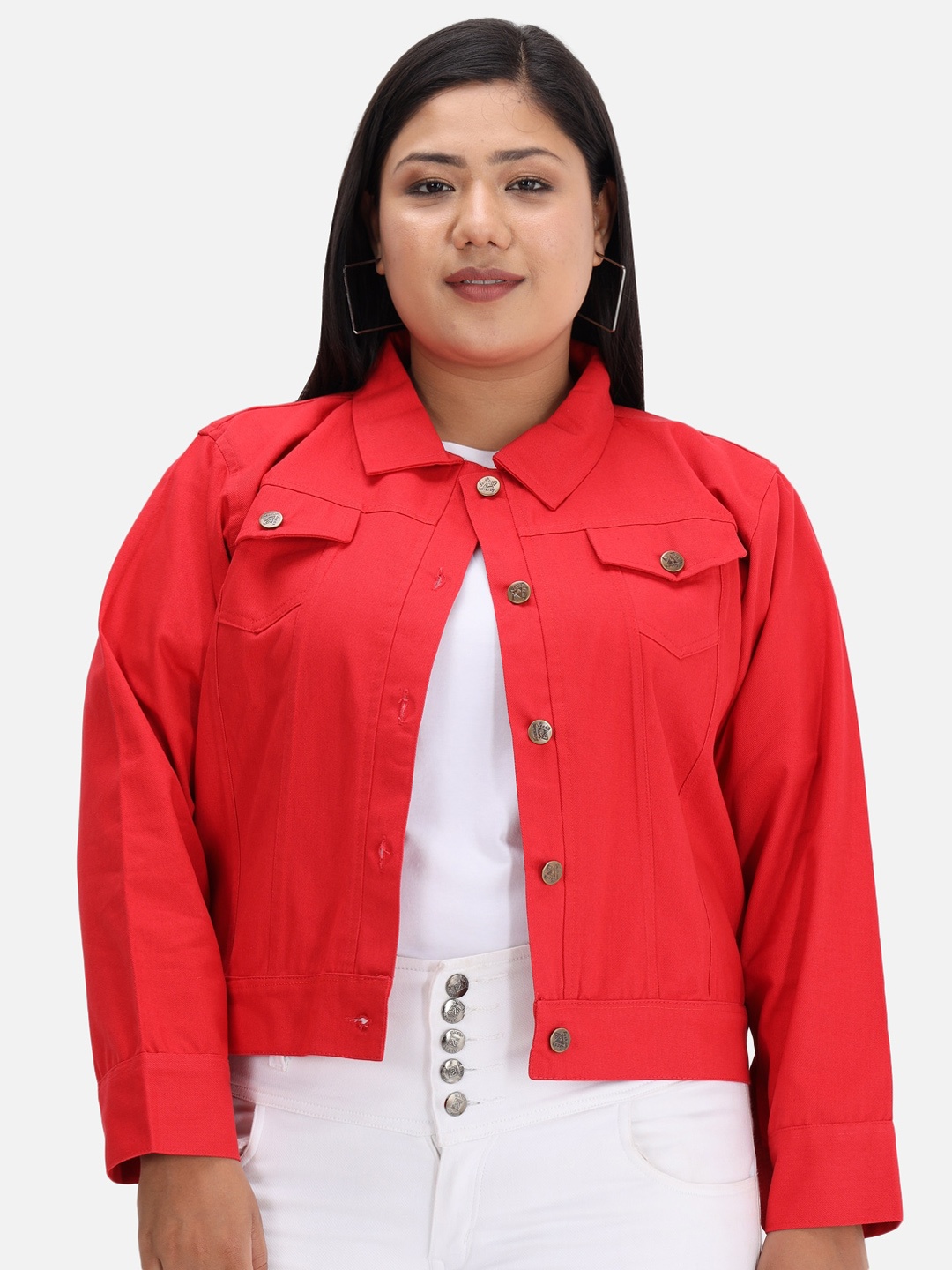 

Funday Fashion Plus Size Organic Cotton Crop Denim Jacket, Red