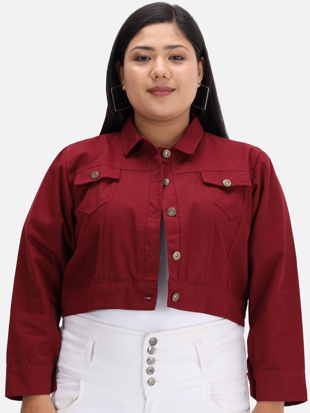 

Funday Fashion Plus Size Organic Cotton Crop Denim Jacket, Maroon