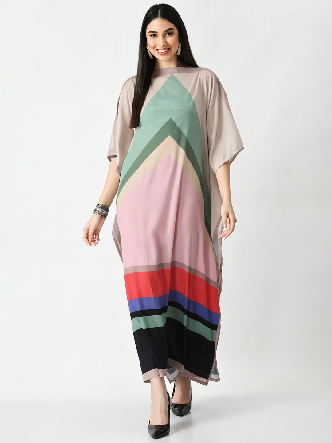 

Navvi Colourblocked Kimono Sleeve Satin Maxi Dress, Beige