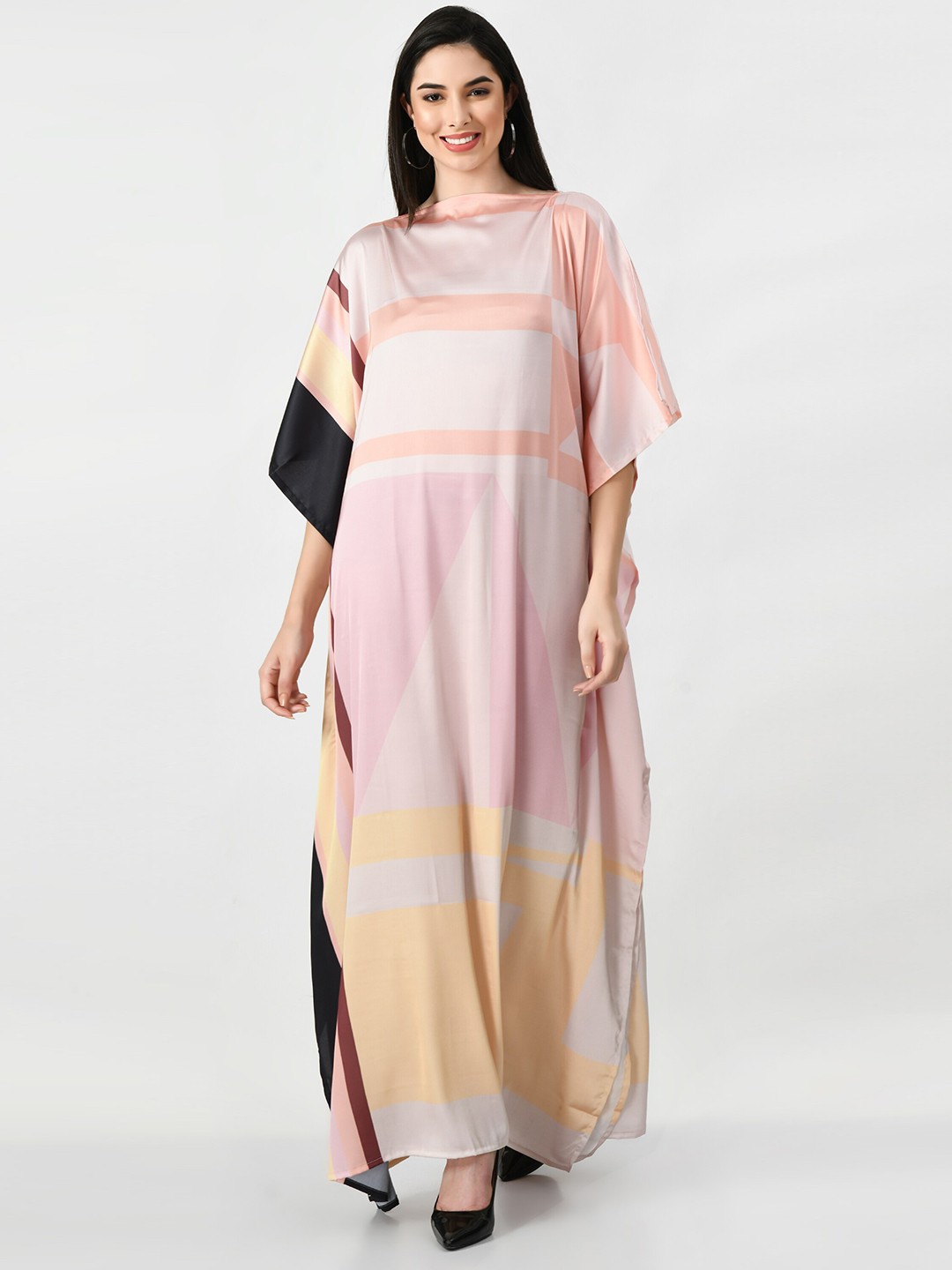 

Navvi Striped Kimono Sleeve Satin Kaftan Maxi Dress, Peach