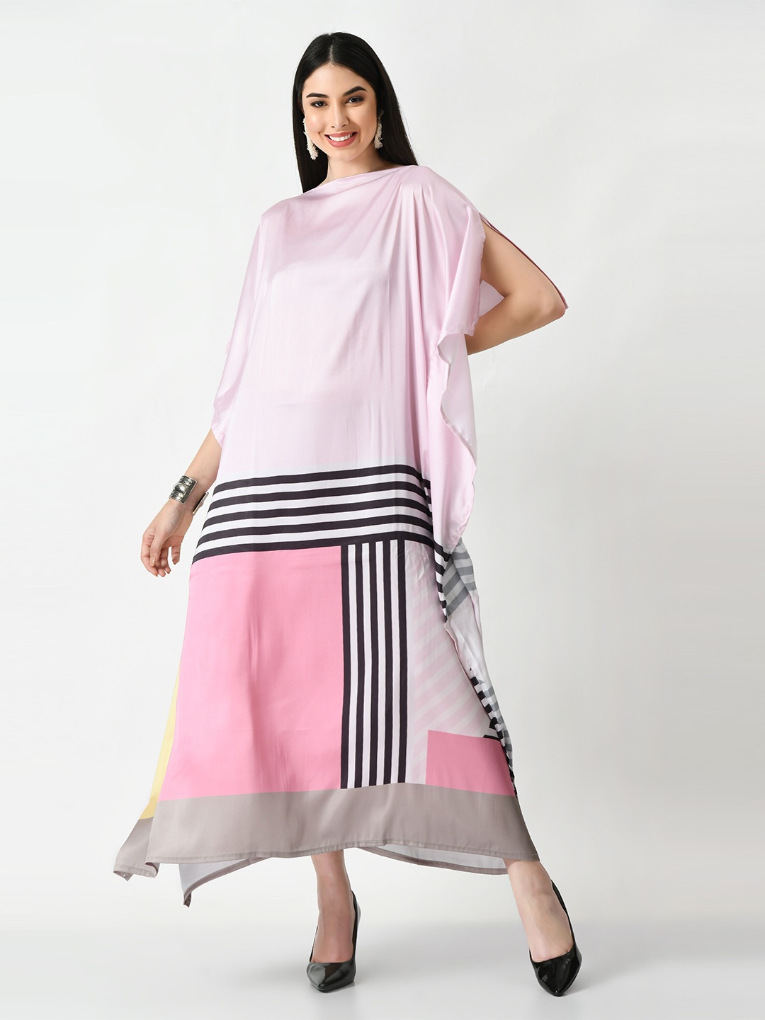 

Navvi Slit Sleeve Satin A-Line Maxi Dress, Pink