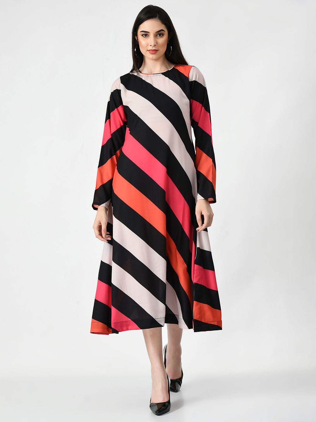 

Navvi Striped A-Line Midi Dress, Black