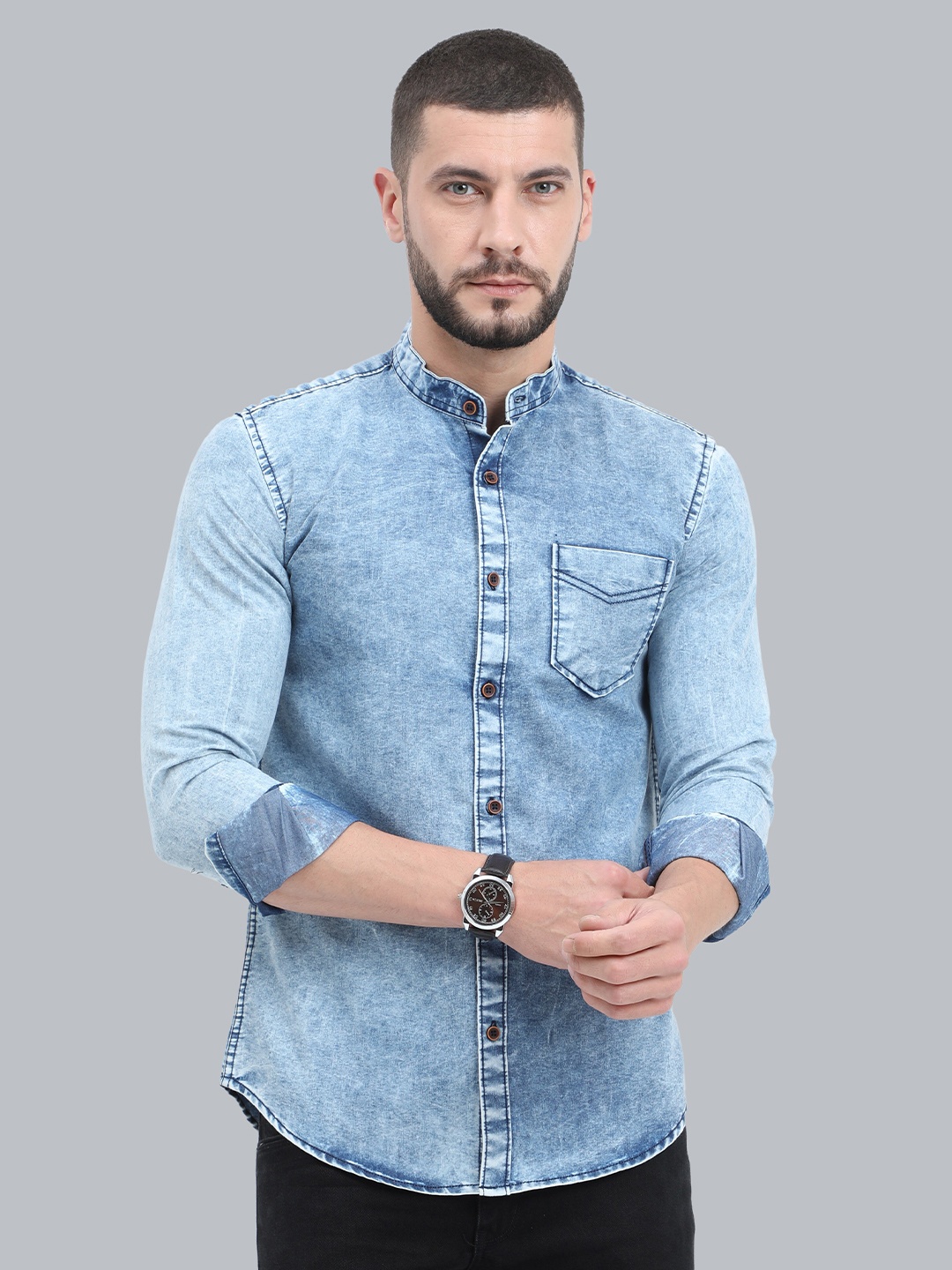 

CAZZBA Mandarin Collar Faded Denim Casual Shirt, Blue