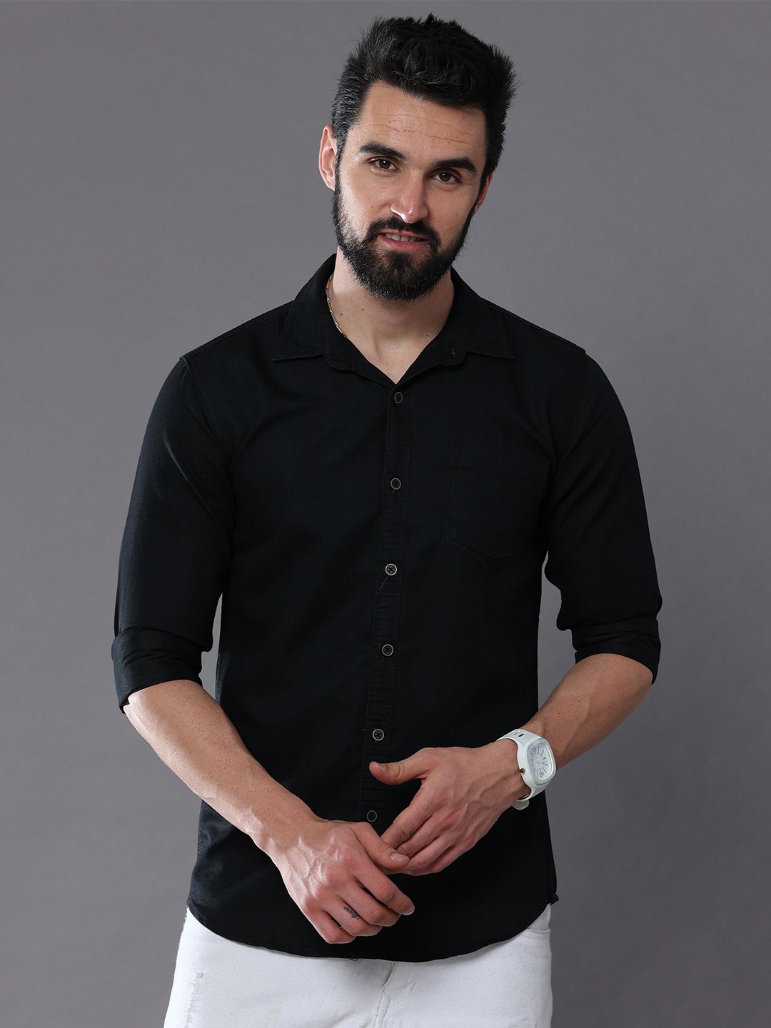 

CAZZBA Opaque Denim Casual Shirt, Black