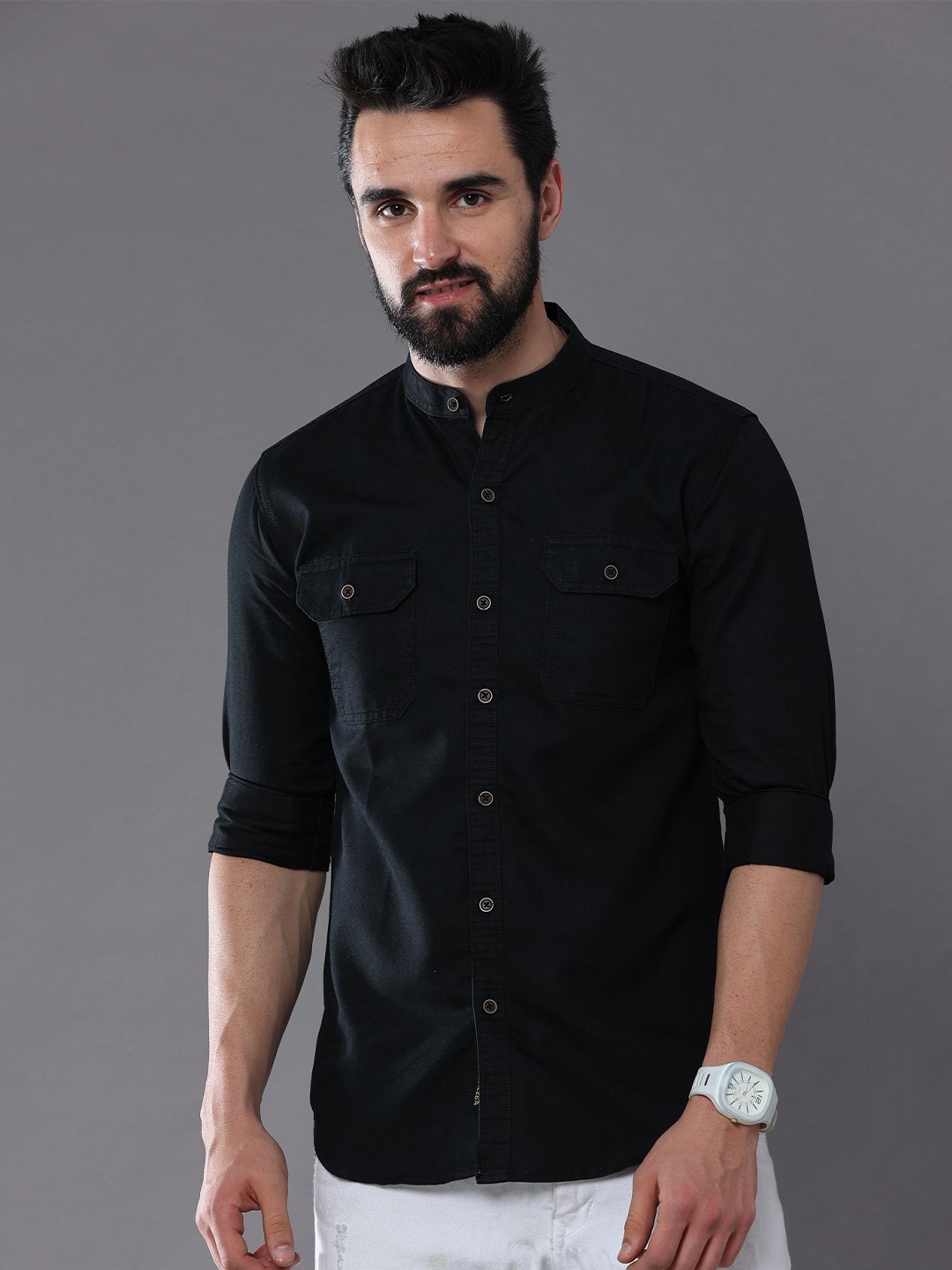 

CAZZBA Mandarin Collar Denim Casual Shirt, Black