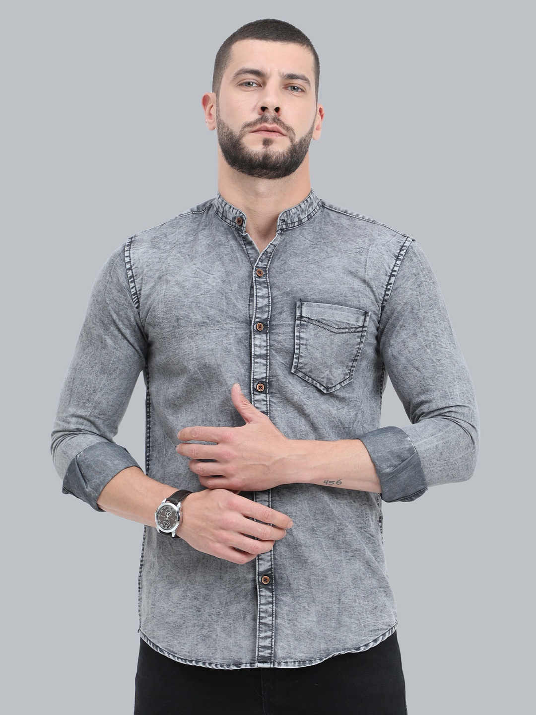 

CAZZBA Faded Mandarin Collar Denim Casual Shirt, Grey