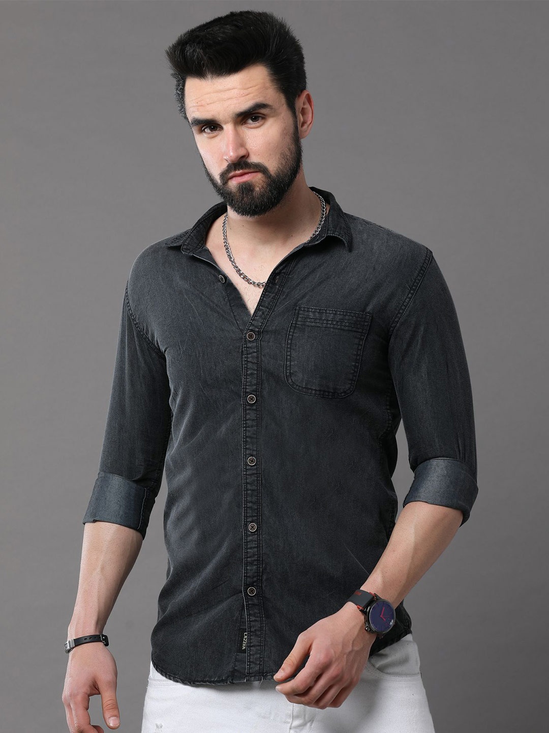 

CAZZBA Opaque Denim Casual Shirt, Black