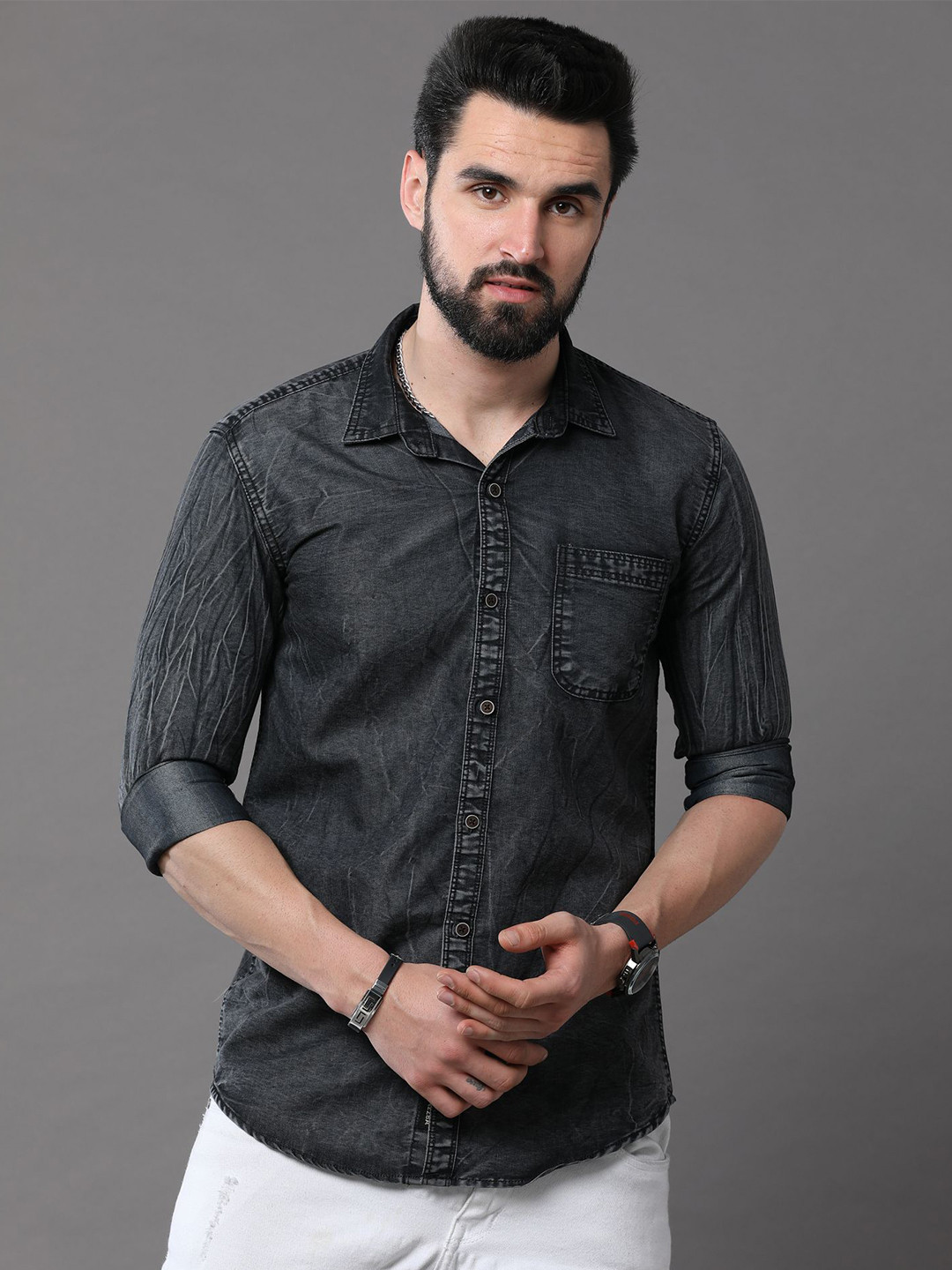 

CAZZBA Faded Denim Casual Shirt, Black