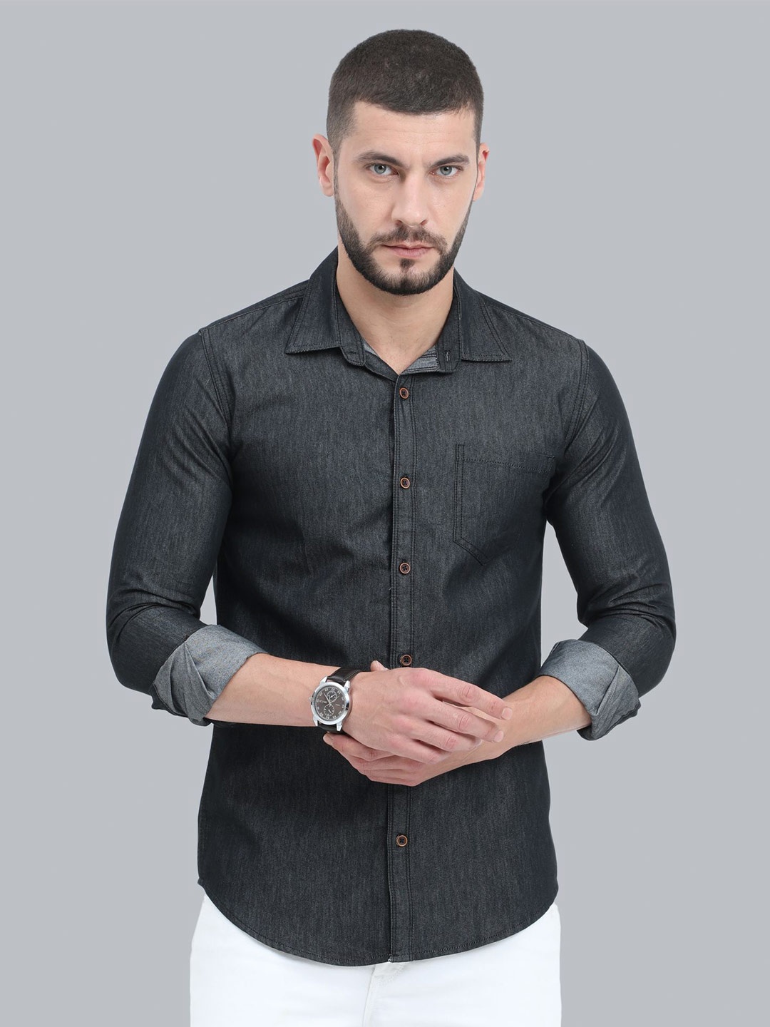 

CAZZBA Opaque Denim Casual Shirt, Black