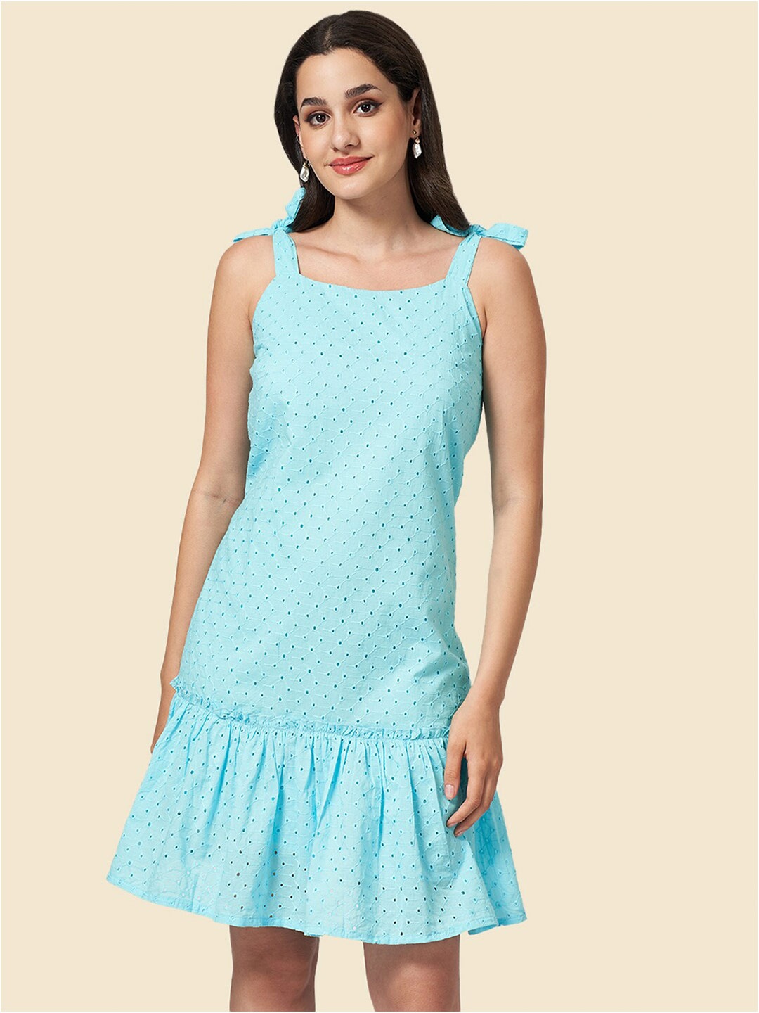 

YU by Pantaloons Shoulder Straps Schiffli Cotton Drop-Waist Dress, Blue