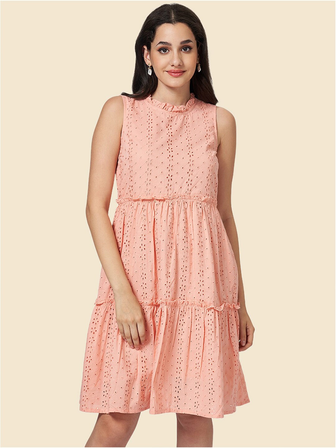 

YU by Pantaloons Round Neck Schiffli Tiered Cotton A-Line Dress, Peach