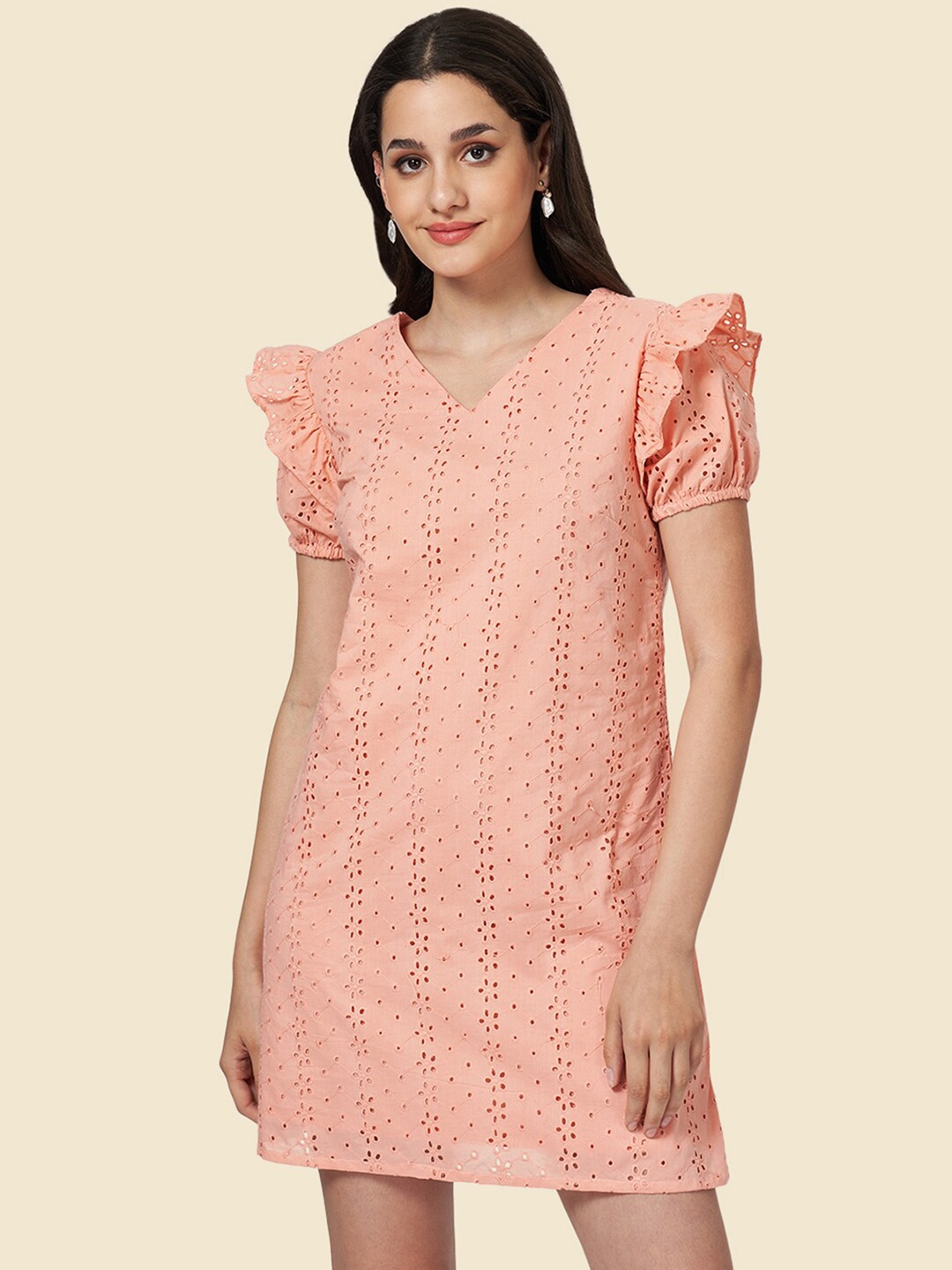 

YU by Pantaloons V-Neck Schiffli Cotton A-Line Dress, Peach