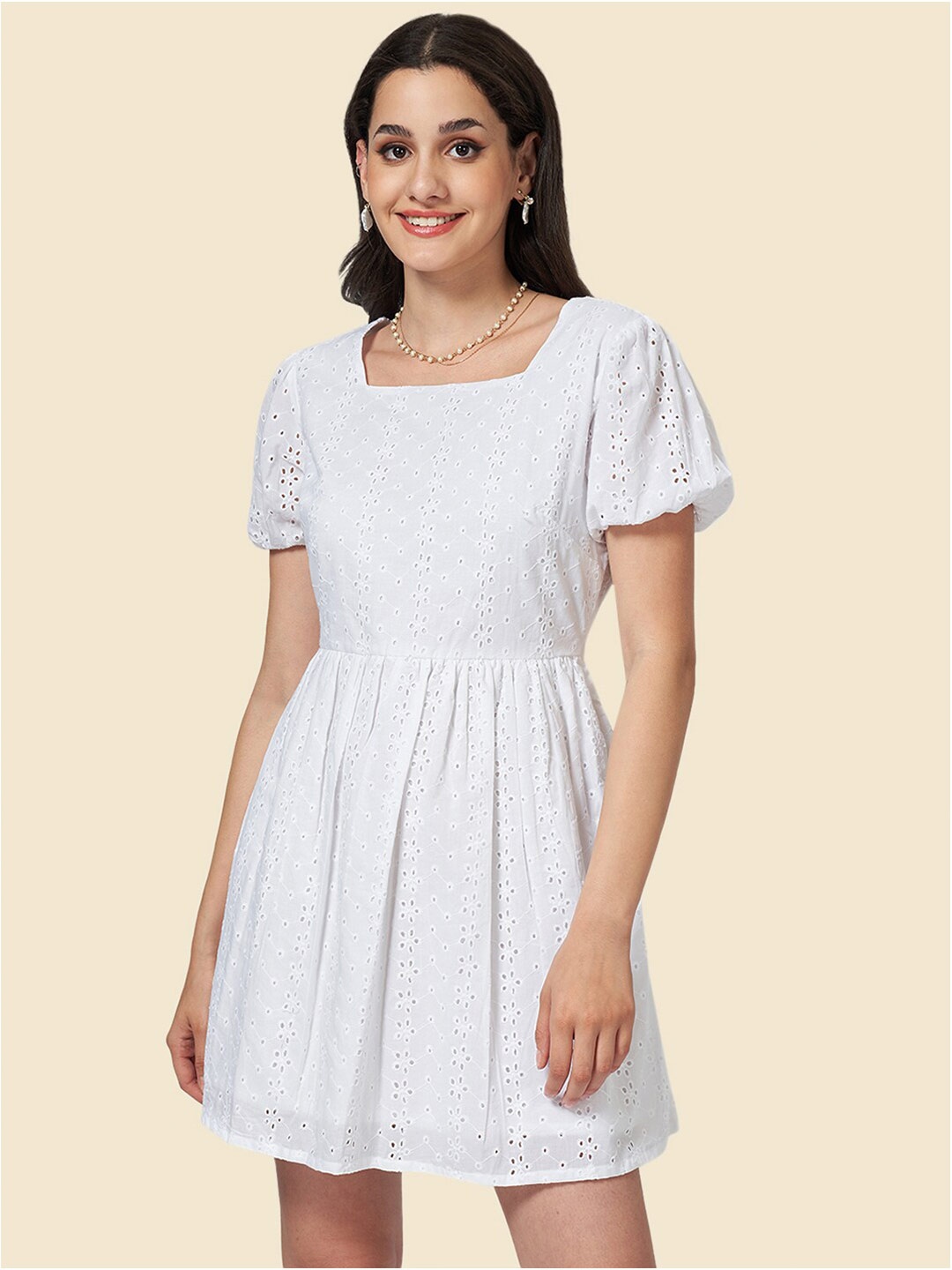 

YU by Pantaloons Square Neck Schiffli Cotton A-Line Dress, White