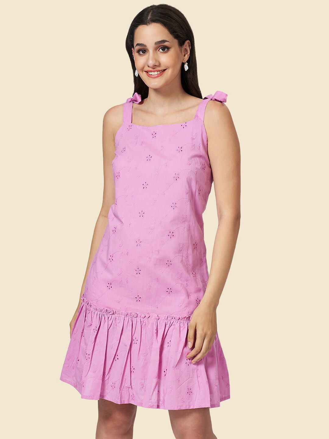 

YU by Pantaloons Shoulder Straps Schiffli Cotton A-Line Dress, Purple