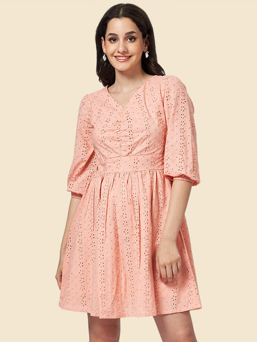 

YU by Pantaloons V-Neck Schiffli Cotton Fit & Flare Dress, Peach