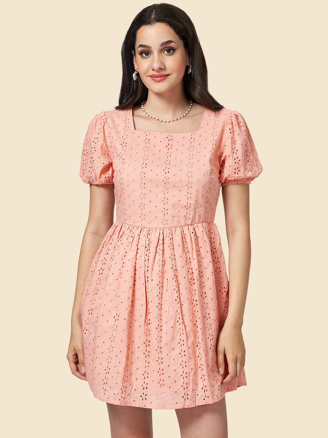 

YU by Pantaloons Square Neck Schiffli Cotton Fit & Flare Dress, Peach