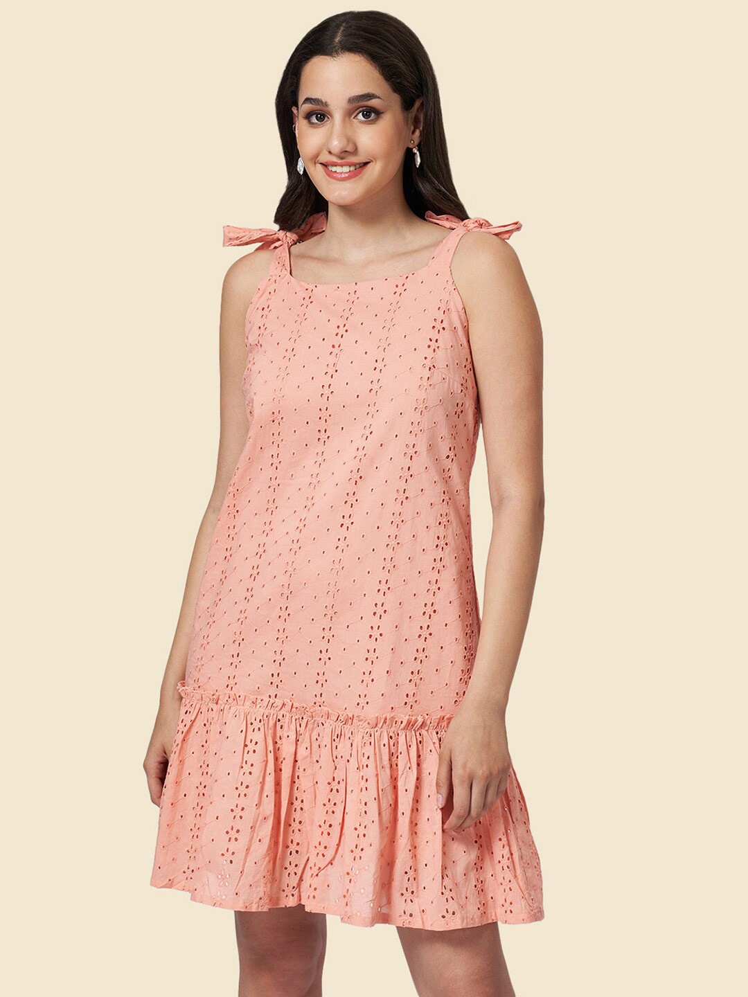 

YU by Pantaloons Shoulder Straps Schiffli Cotton A-Line Dress, Peach