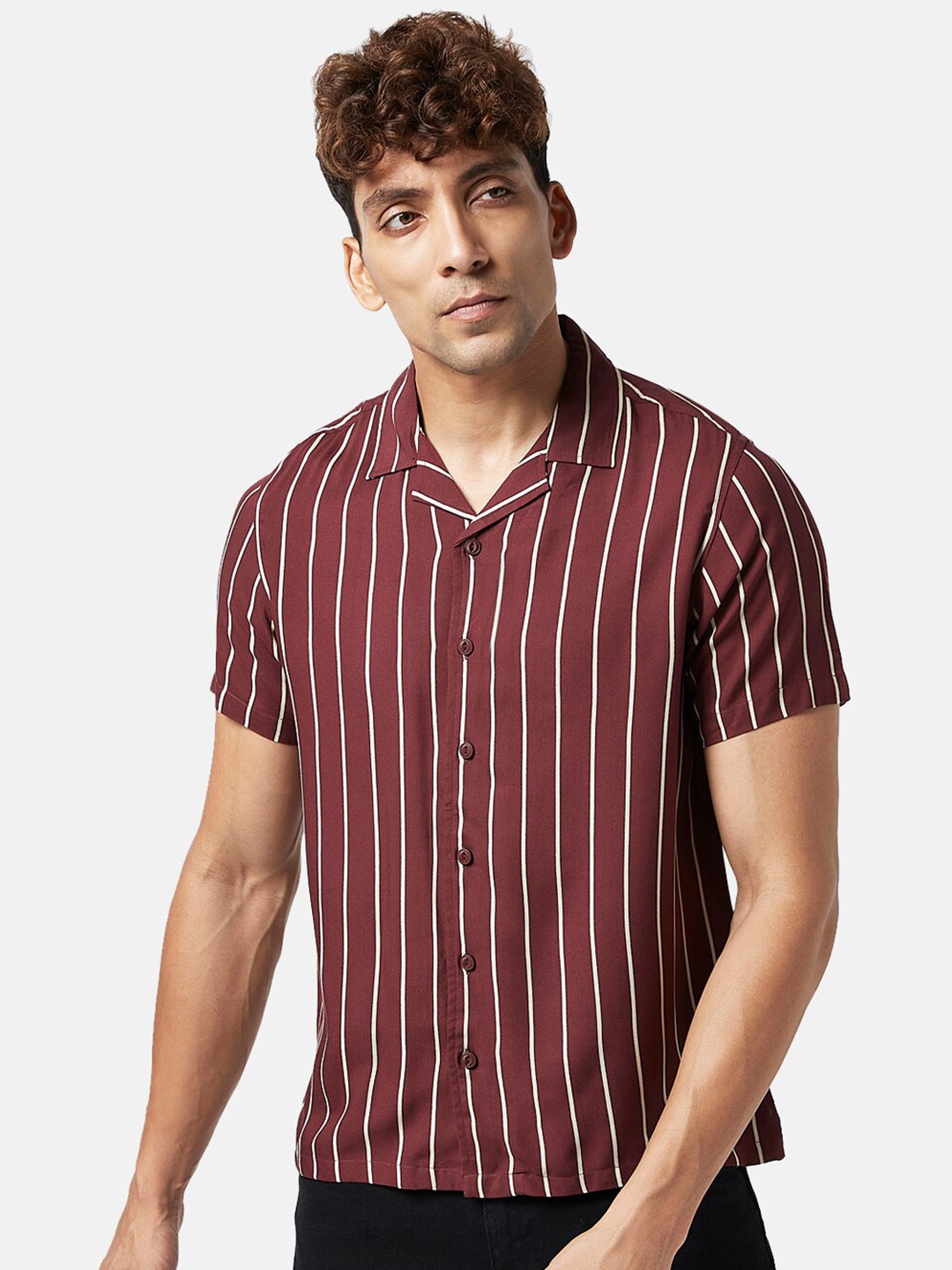 

People Slim Fit Vertical Striped Pure Cotton Casual Shirt, Maroon