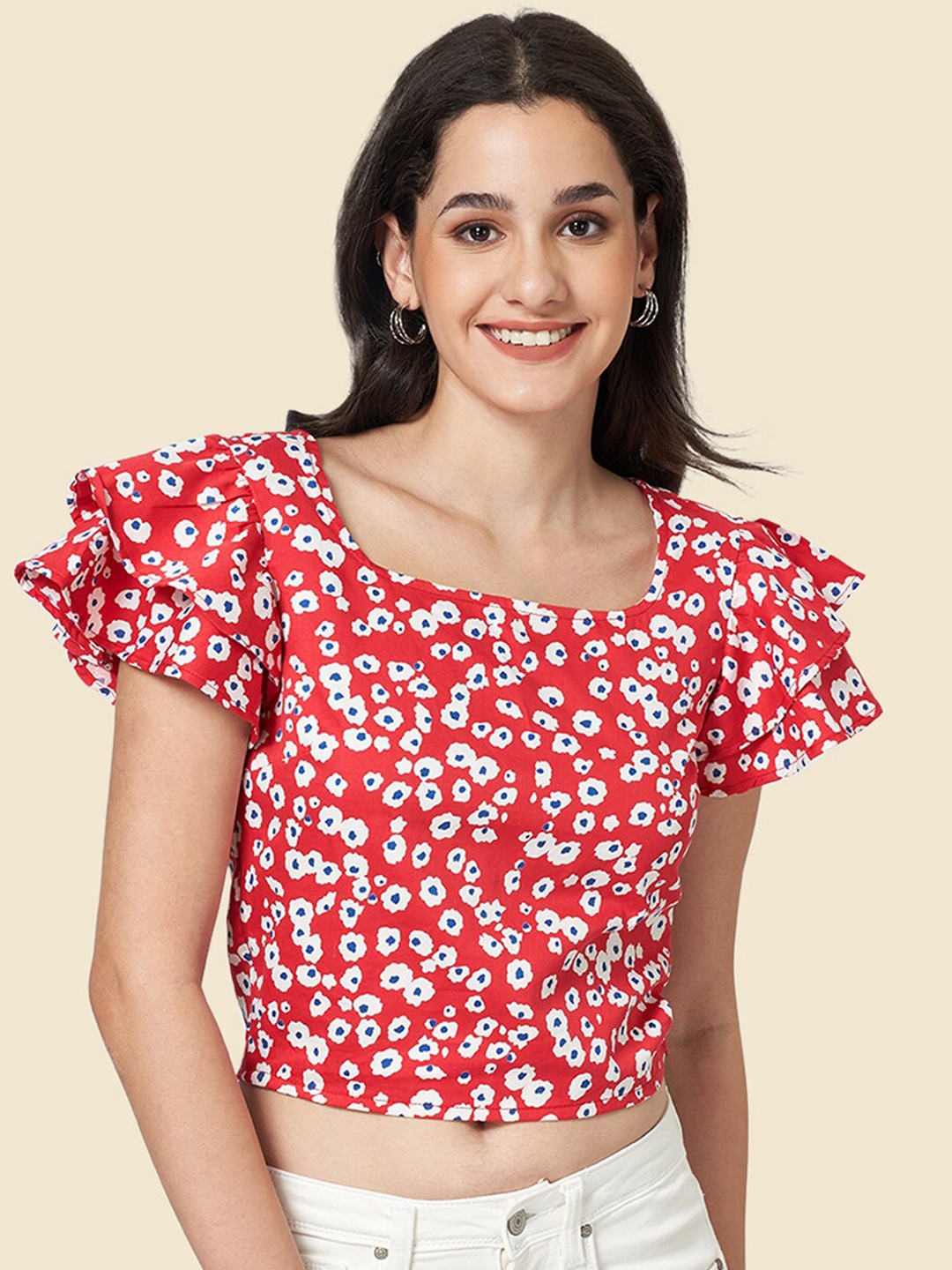 

People Square Neck Floral Printed Flutter Sleeve Cotton Crop Top, Red