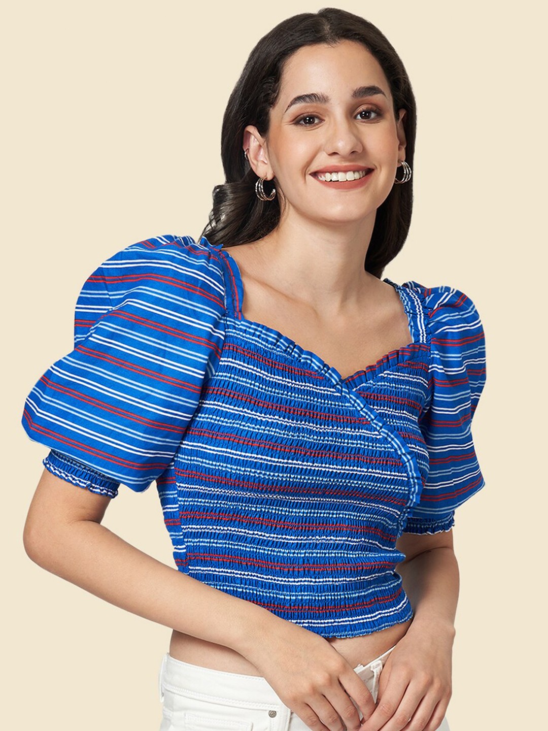 

People Sweetheart Neck Striped Smocked Cotton Crop Top, Blue