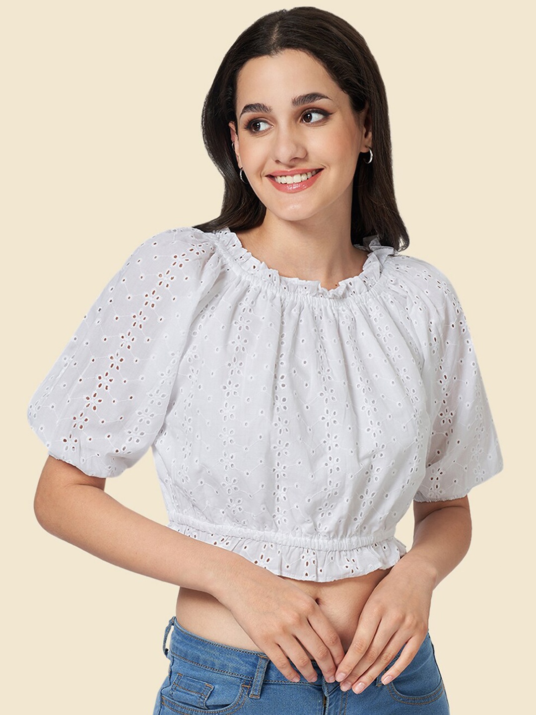 

YU by Pantaloons Floral Embroidered Puff Sleeves Schiffli Cotton Blouson Crop Top, White