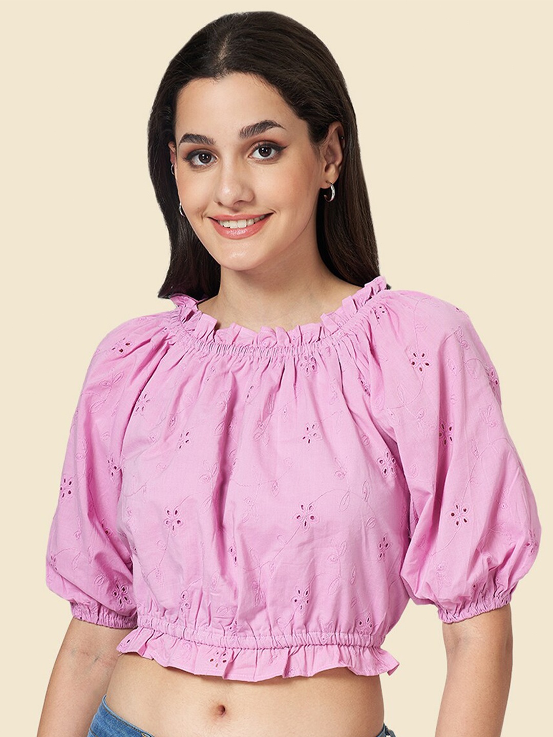 

YU by Pantaloons Floral Embroidered Puff Sleeves Schiffli Cotton Blouson Crop Top, Purple