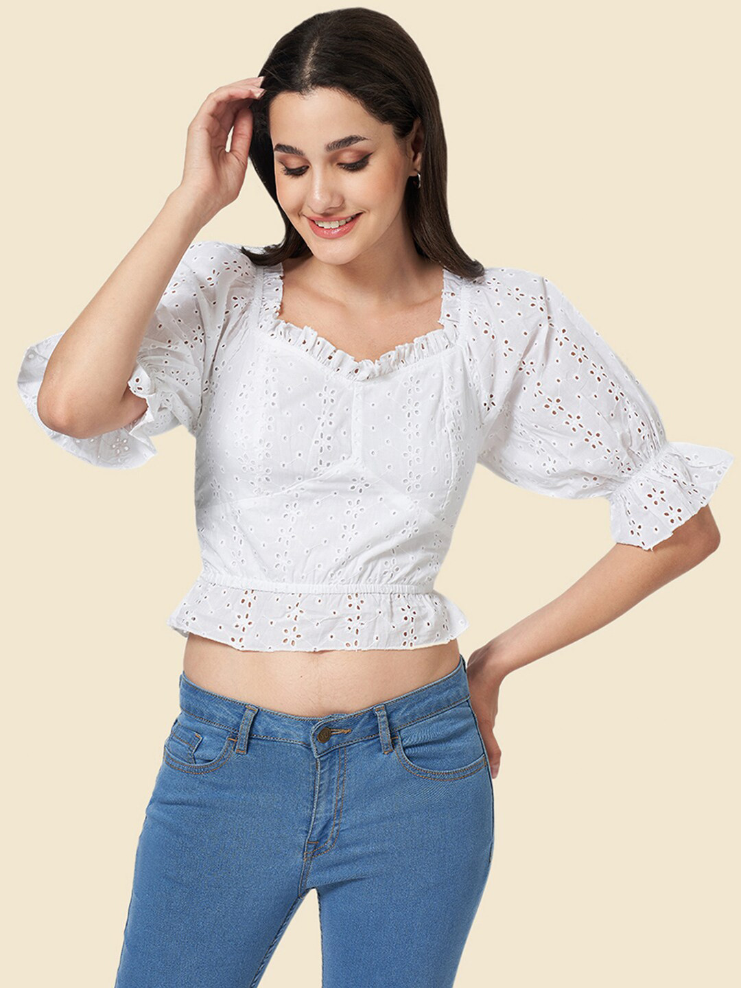 

YU by Pantaloons Floral Embroidered Puff Sleeves Schiffli Cotton Crop Top, White