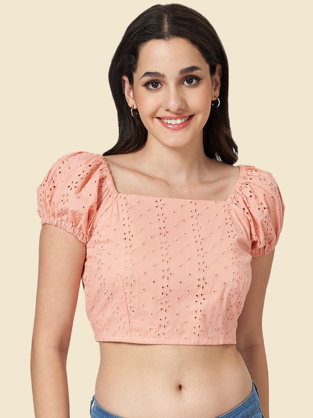 

YU by Pantaloons Square Neck Puff Sleeve Schiffli Cotton Crop Top, Peach