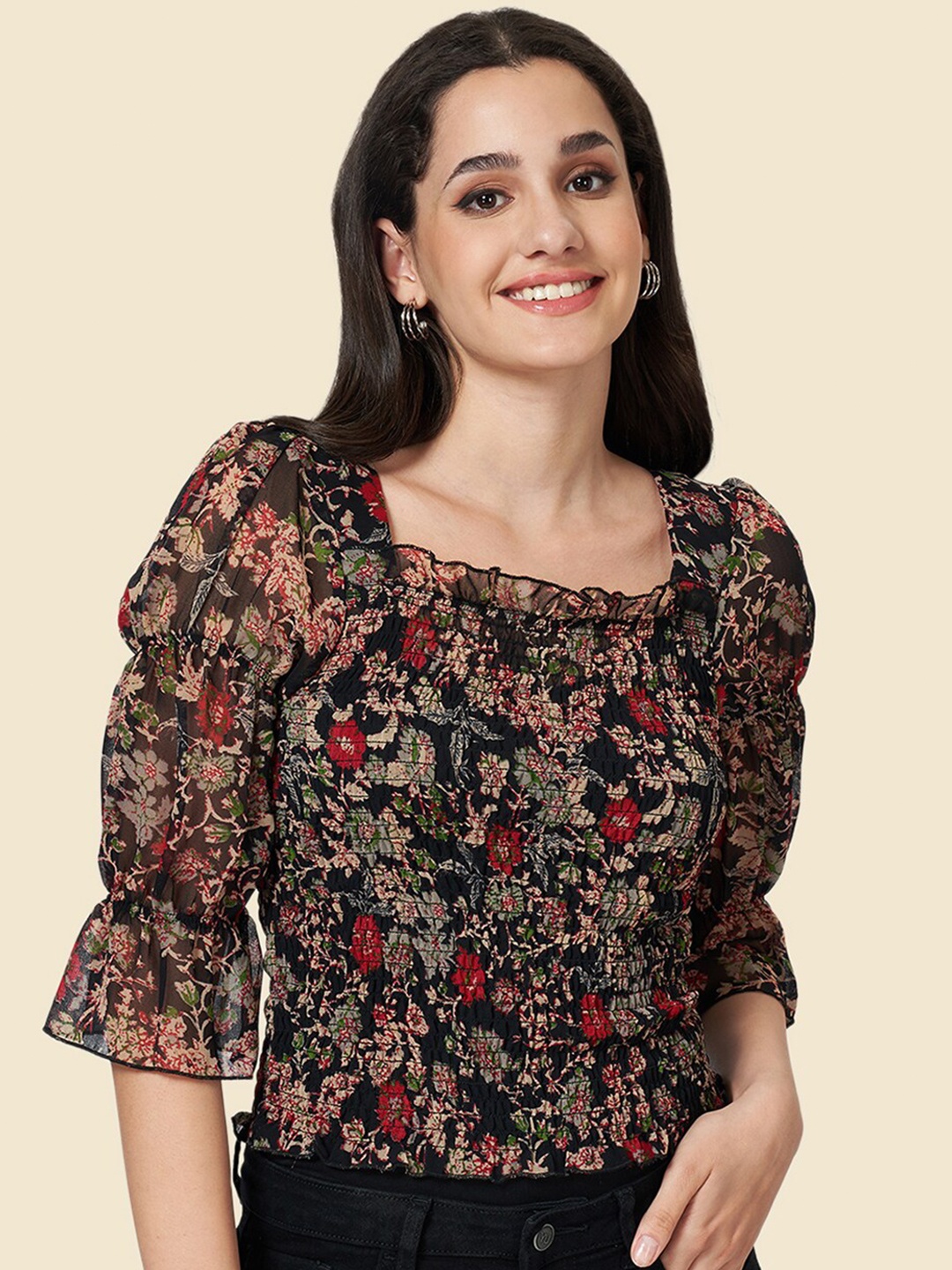 

YU by Pantaloons Square Neck Floral Printed Smocked Crop Top, Black