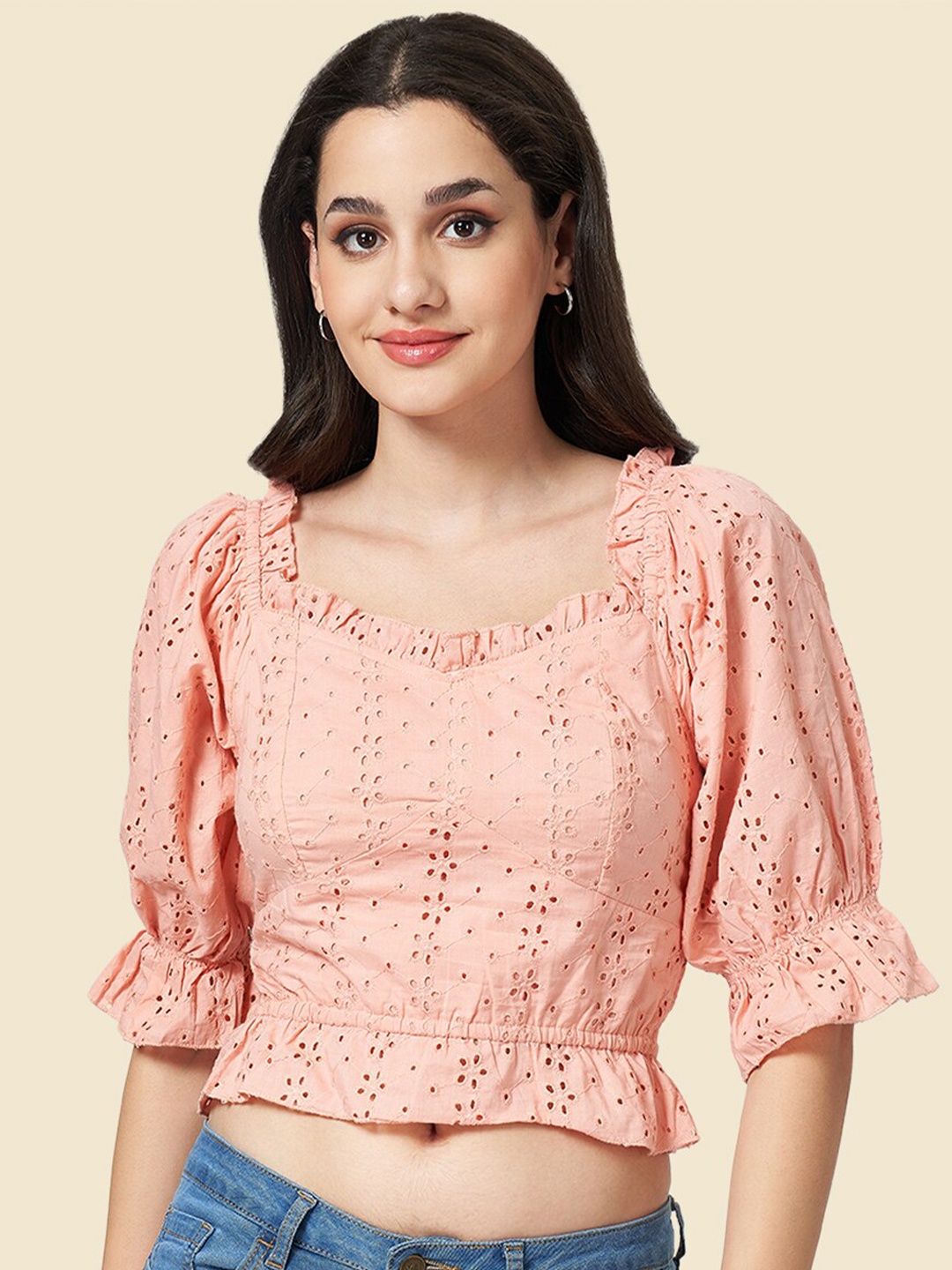 

YU by Pantaloons Sweetheart Neck Puff Sleeve Smocked Schiffli Cotton Crop Top, Peach