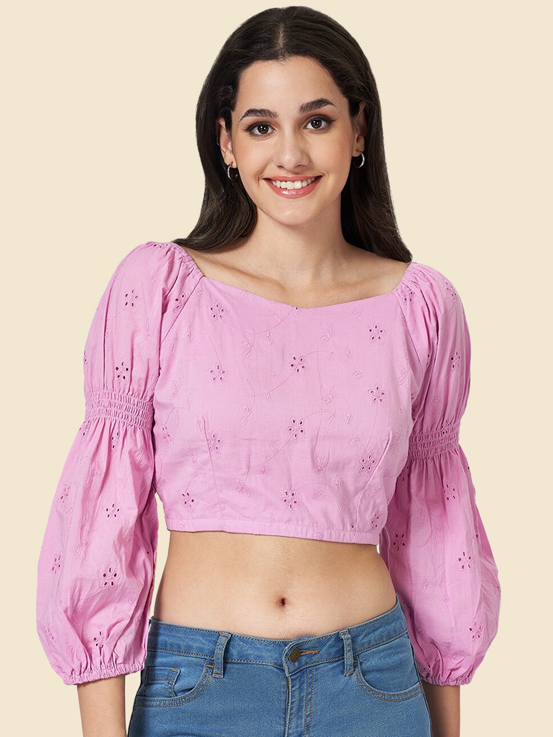

YU by Pantaloons Sweetheart Neck Puff Sleeve Schiffli Cotton Crop Top, Purple