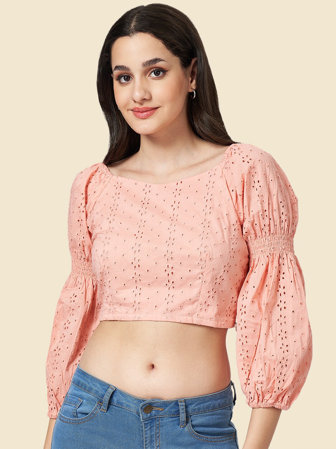 

YU by Pantaloons Sweetheart Neck Puff Sleeve Schiffli Cotton Crop Top, Peach