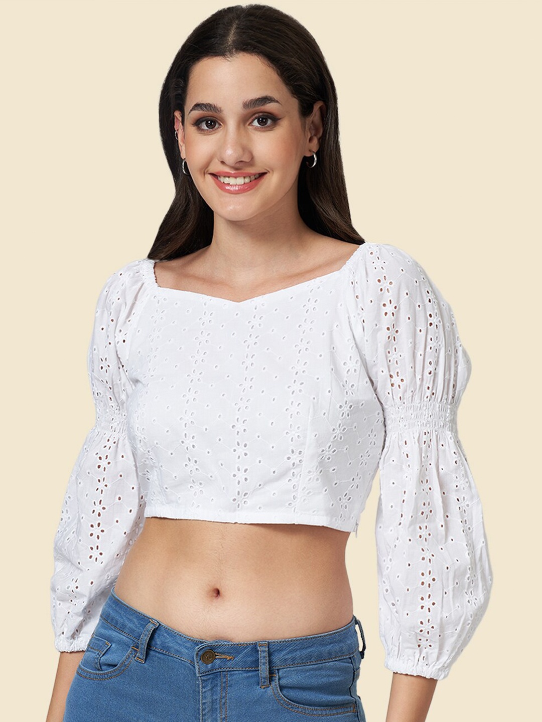 

YU by Pantaloons Sweetheart Neck Puff Sleeve Schiffli Cotton Crop Top, White