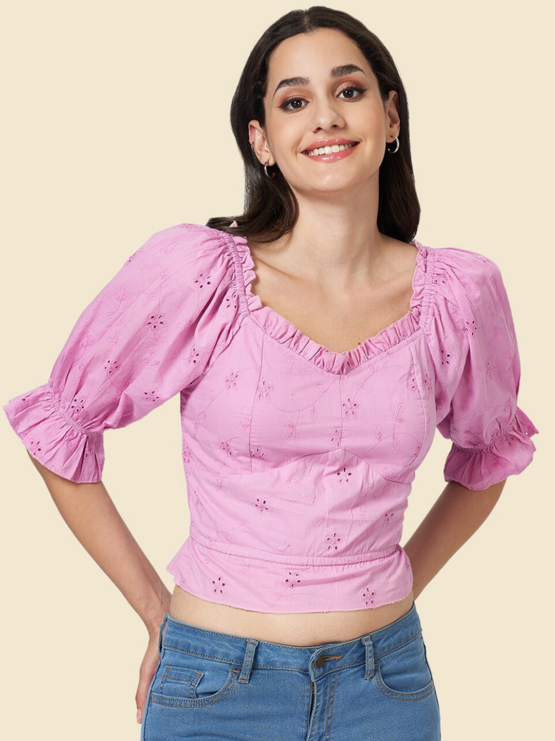 

YU by Pantaloons Floral Embroidered Puff Sleeves Schiffli Cotton Crop Top, Purple