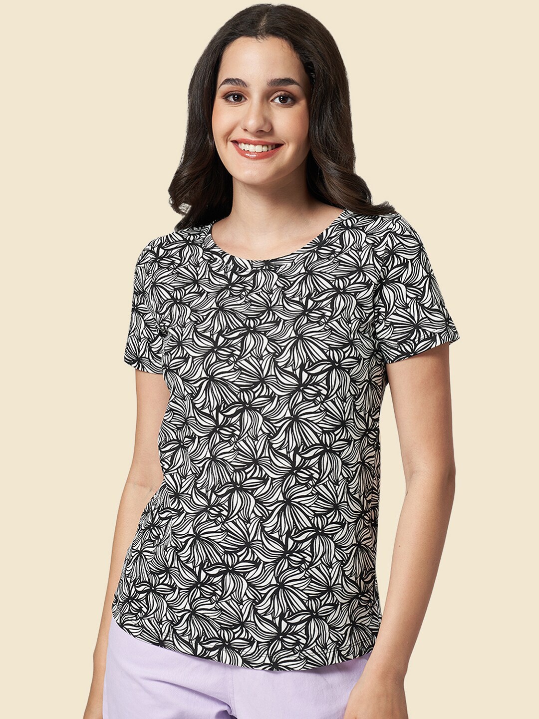 

Honey by Pantaloons Floral Printed Cotton Casual T-shirt, Black