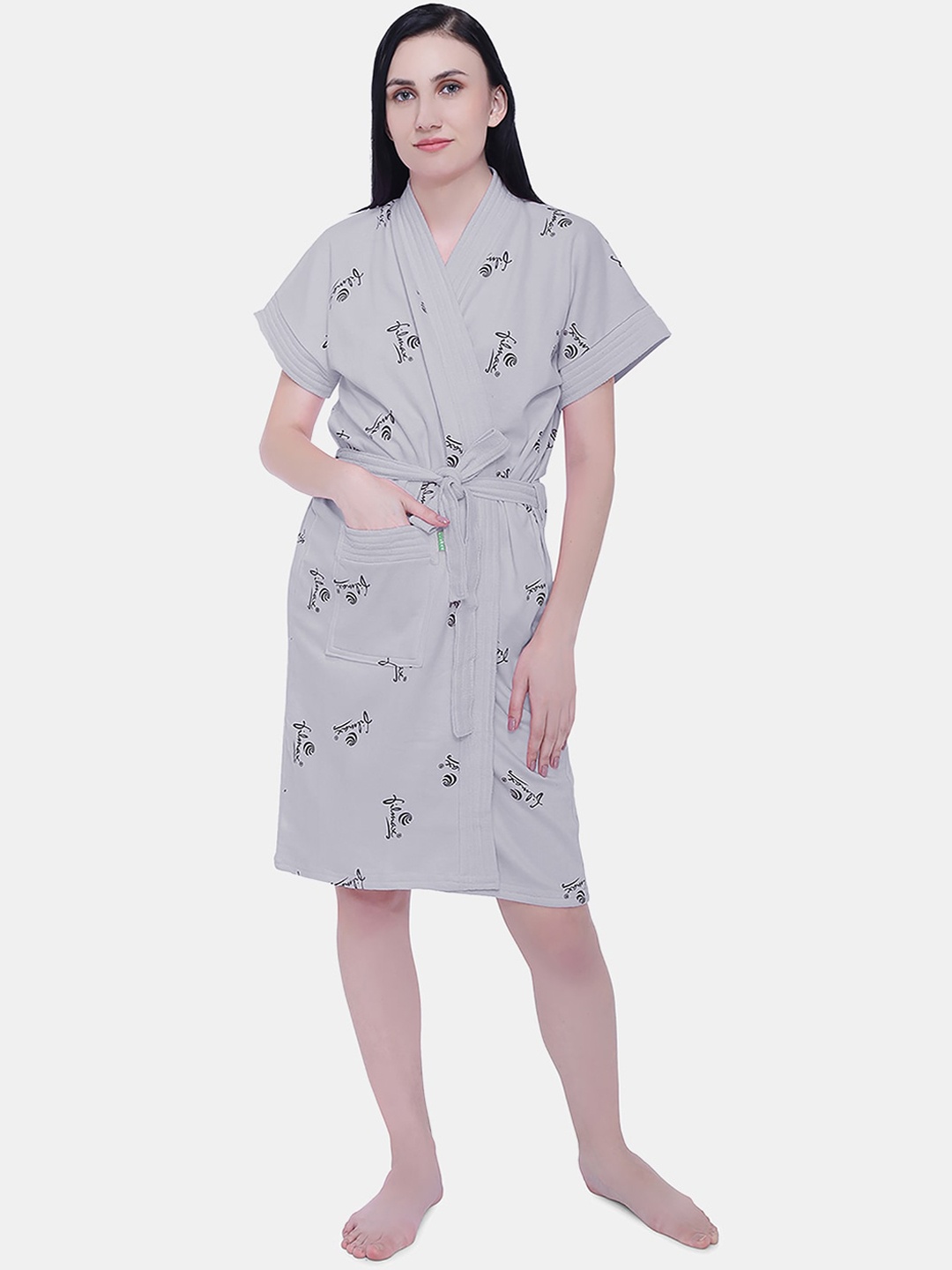 FILMAX ORIGINALS Women Logo Printed Cotton Bath Robe, Grey