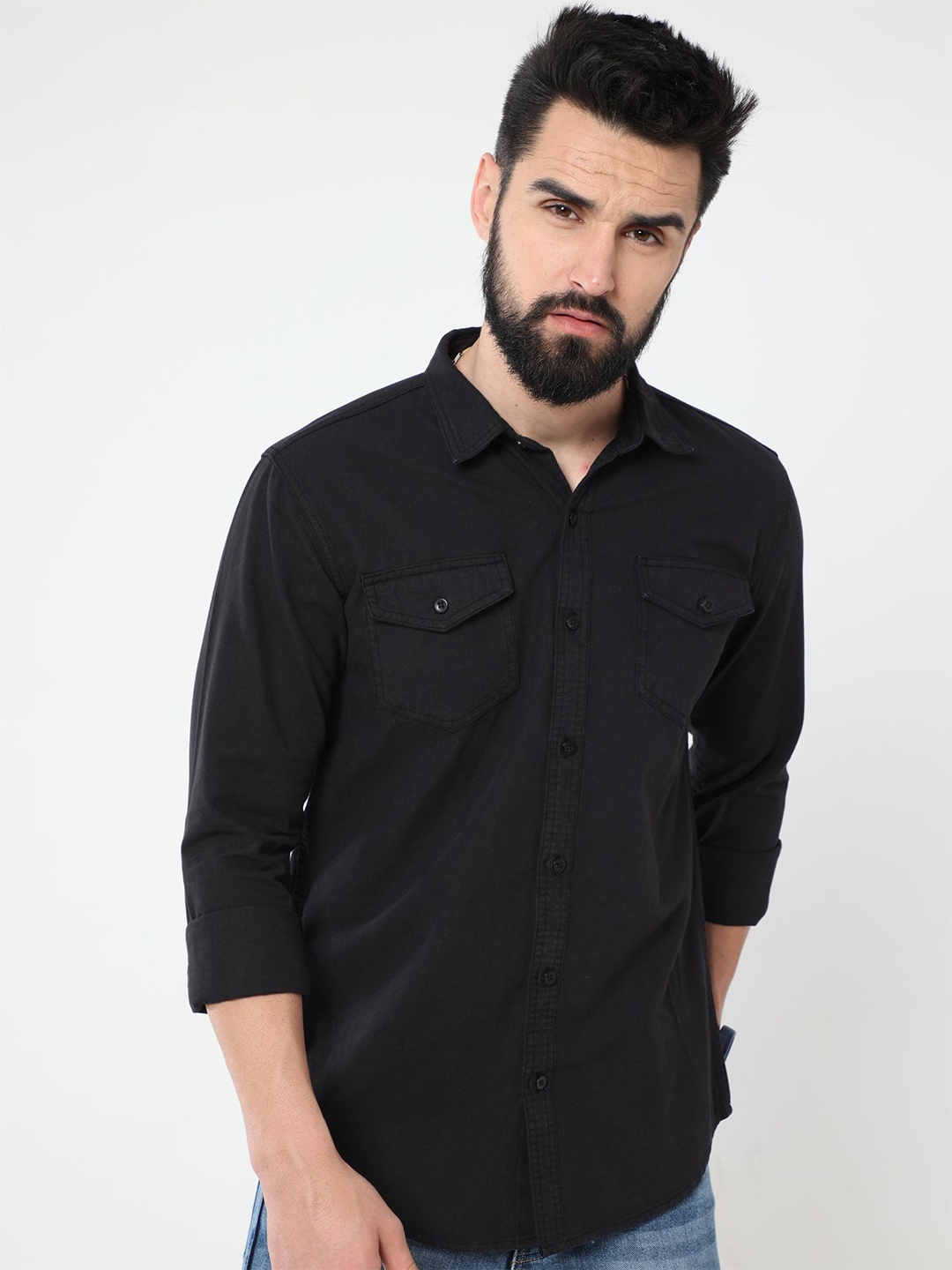 

Reslag Spread Collar Pure Denim Casual Shirt, Black