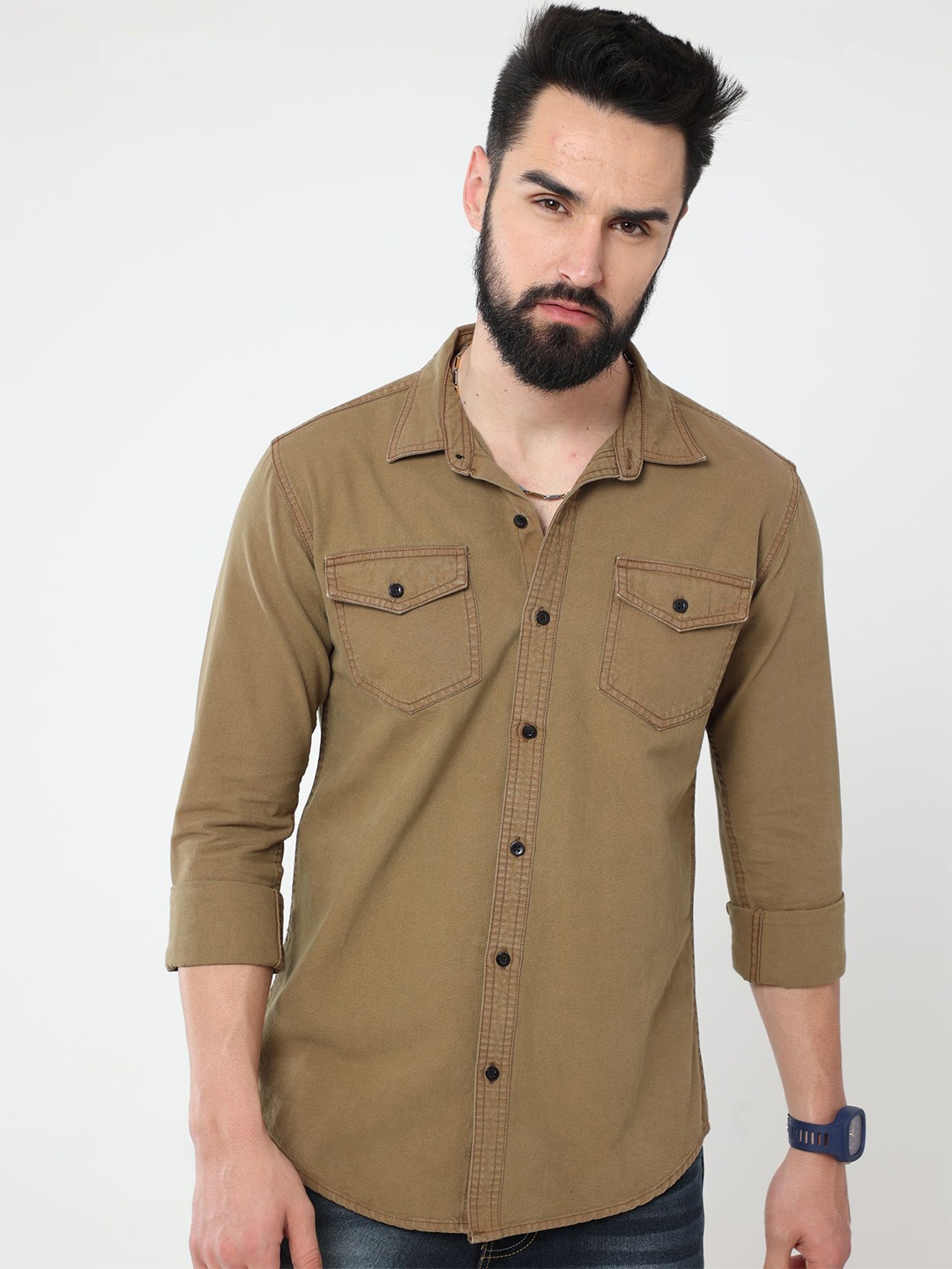 

Reslag Spread Collar Pure Denim Casual Shirt, Brown