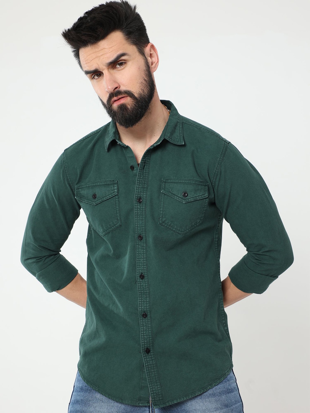 

Reslag Spread Collar Pure Denim Casual Shirt, Green