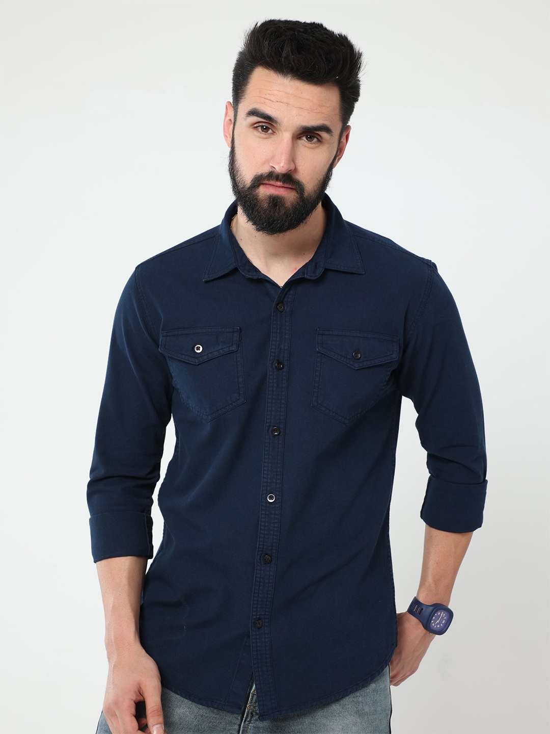 

Reslag Spread Collar Pure Denim Casual Shirt, Navy blue