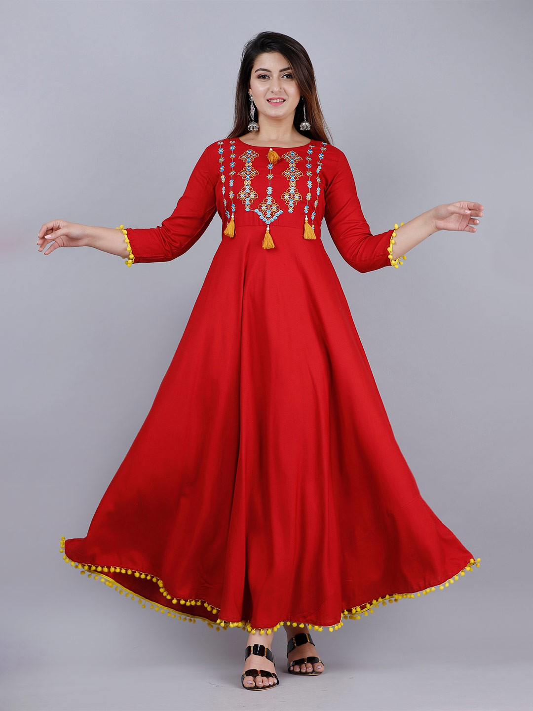 

VASANT APPAREL Ethnic Motif Embroidered Pom-Pom Liva A-Line Maxi Ethnic Dress, Red