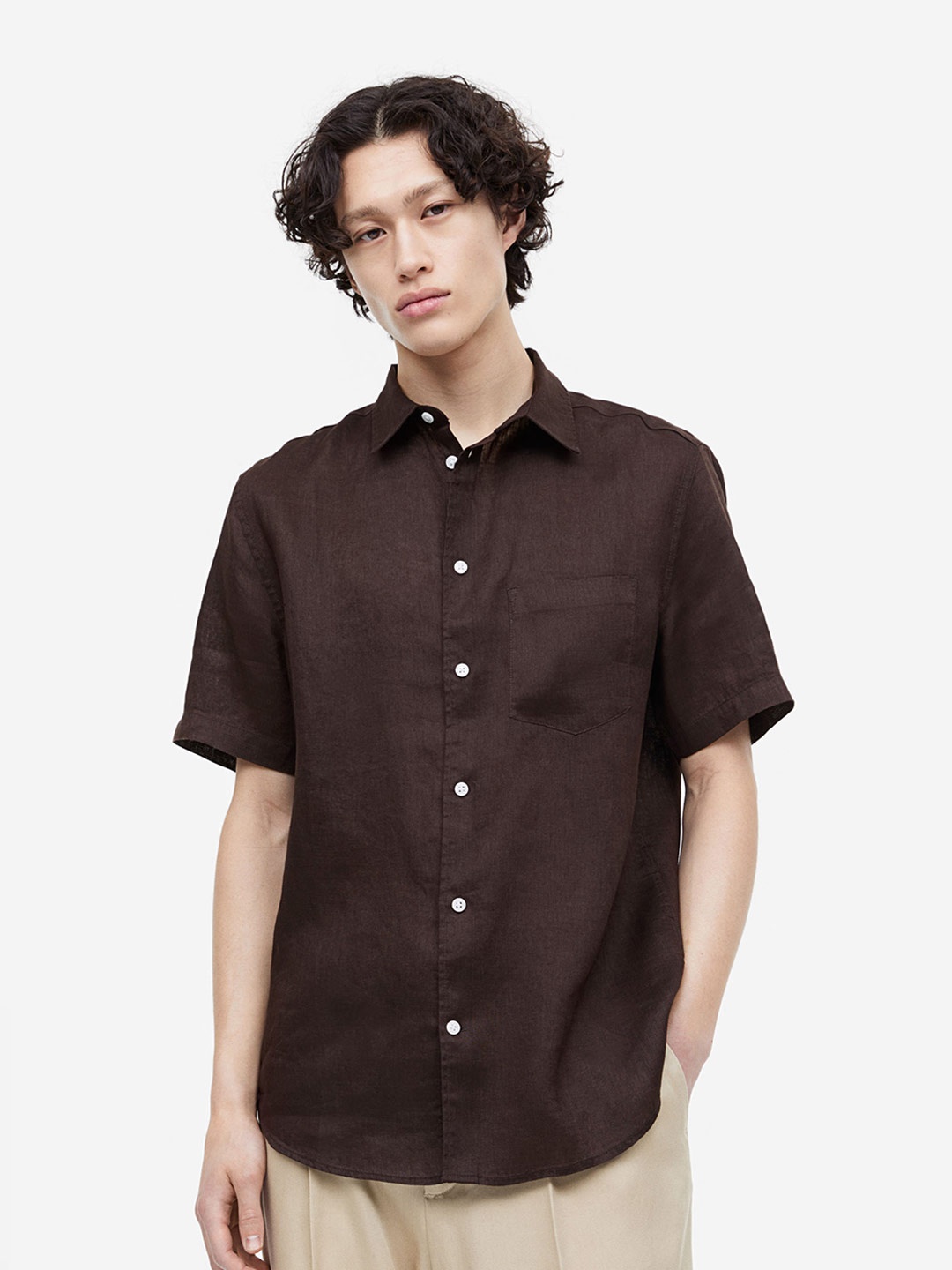 

H&M Regular Fit Short-Sleeved Linen Shirt, Brown