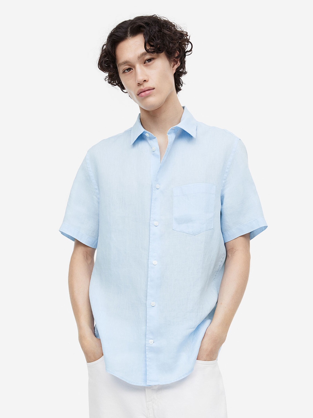 

H&M Regular Fit Short-Sleeved Linen Shirt, Blue