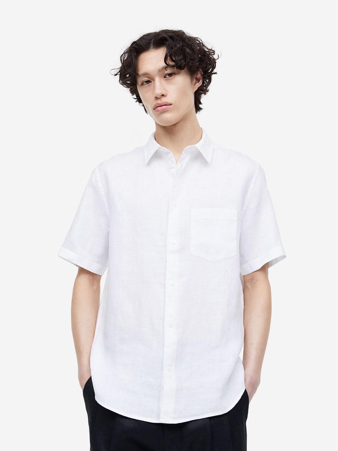 

H&M Regular Fit Short-Sleeved Linen Shirt, White