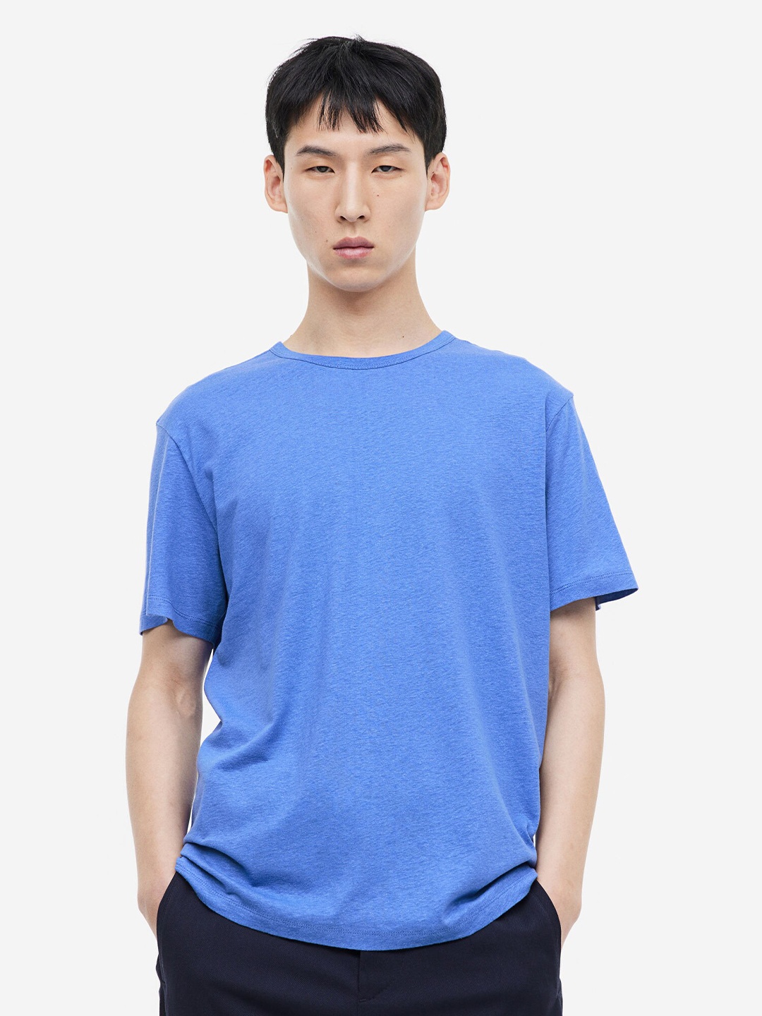 

H&M Regular Fit Linen-Blend T-shirt, Blue