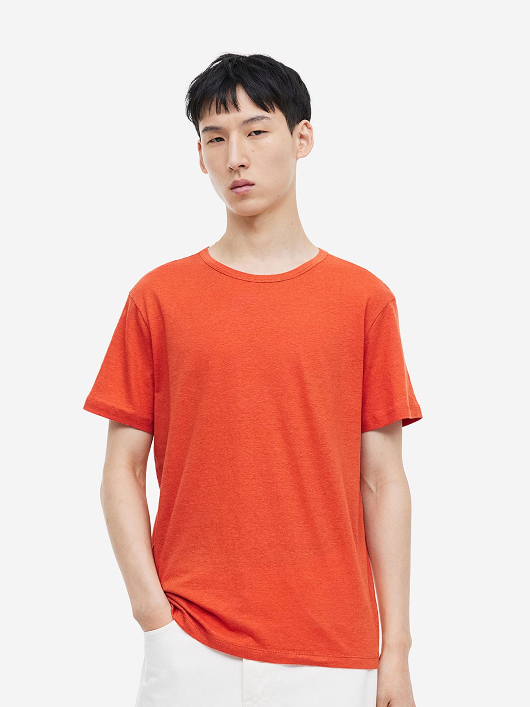 

H&M Regular Fit Linen-Blend T-Shirt, Orange