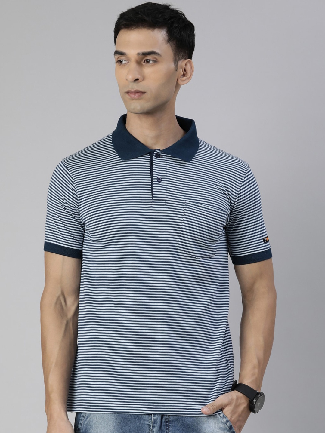 

DIXCY SCOTT Striped Polo Collar Cotton T-shirt, Navy blue