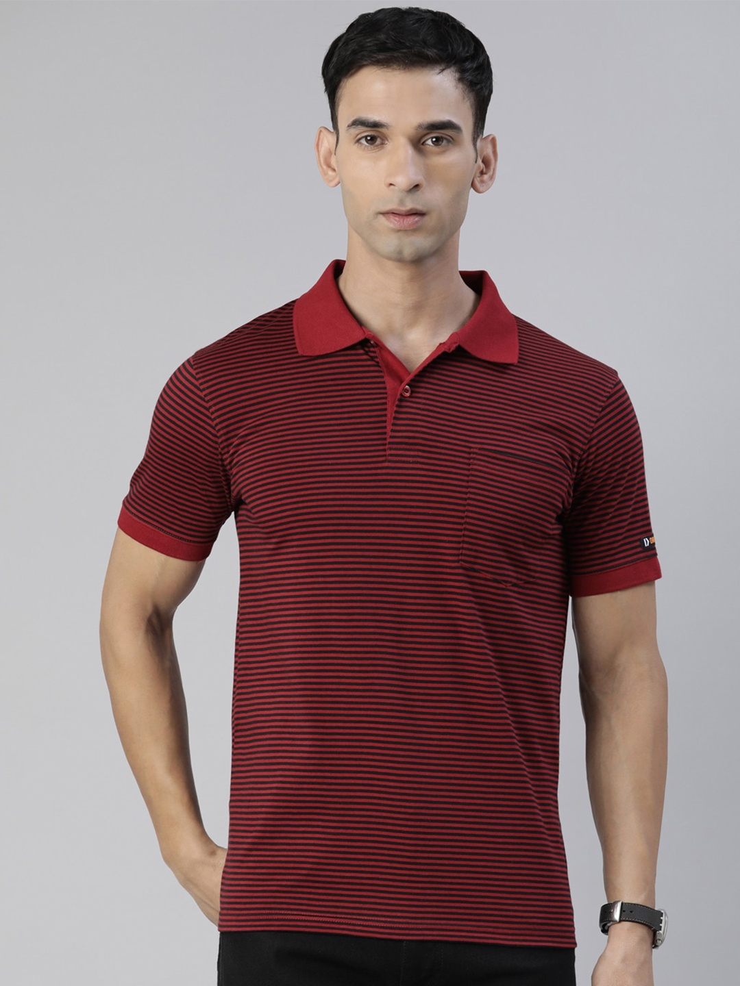 

DIXCY SCOTT Striped Polo Collar Cotton T-shirt, Maroon